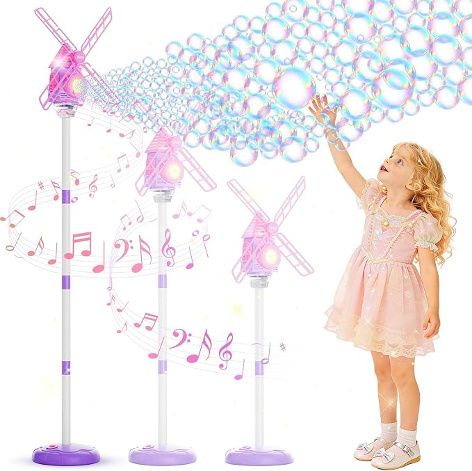 Windmill Bubble Machine for Kids, 51" Adjustable Height Standing Bubble Maker with Lights & Music, 10-Hole Battery Operated Bubble Blower with 130ml Tank, Outdoor Backyard Party Toys for Toddlers