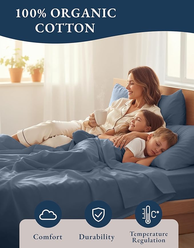 LANE LINEN Queen Bed Sheet Set 100% Organic Cotton 4pc Soft - Estate Blue | Queen Sheets In GOTS Certified Organic Cotton Percale - Crisp Cool Percale Weave, Great For Gifting, Crisp, Cool & Breathable