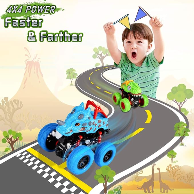 LODBY Dinosaur Toys for 2 3 4 5 Year Old Boys - Monster Truck Toys for Toddlers Boys Ages 2-4-6 - Push and Go Cars Dinosaur Toys for Kids 3-5 Year Old Boy Christmas Birthday Gifts