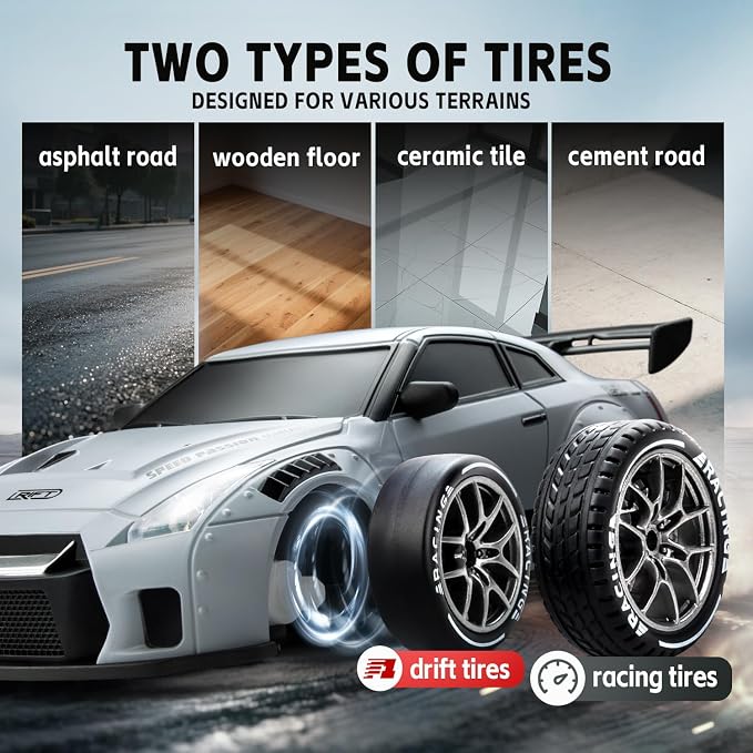 RC Drift Car, 1/24 Remote Control Drift Car for Adults Kids, 4WD 20KM/H High Speed Widebody Design Grey RC Sports Cars with LED Lights, Extra Tires, Vehicle for Boys Beginner Indoors Outdoors
