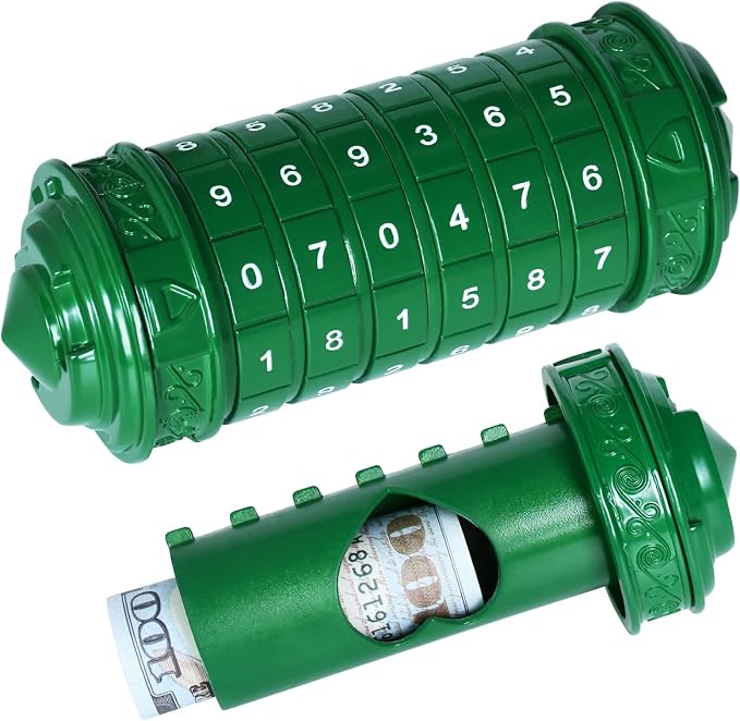 wellsee Da Vinci Code Numeric Mini Cryptex Brainteaser Puzzle Box,Metal Password Lock Cash Box with Hidden Compartment for Money,Challenge Game for Ages 12+ and Up,Unique Xmas Gifts for Her&Him,Green