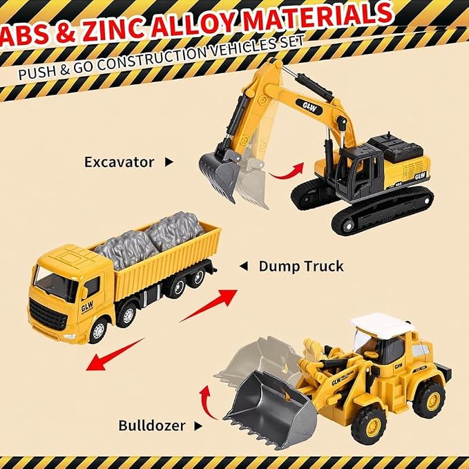 Alloy Mini Construction Vehicles, 3Pcs Die-cast Metal Toy Set with Pull Back Action - Excavator, Dump Truck, Bulldozer for Toddlers & Kids 3 4 5 6 7 Years Old Boys Toys