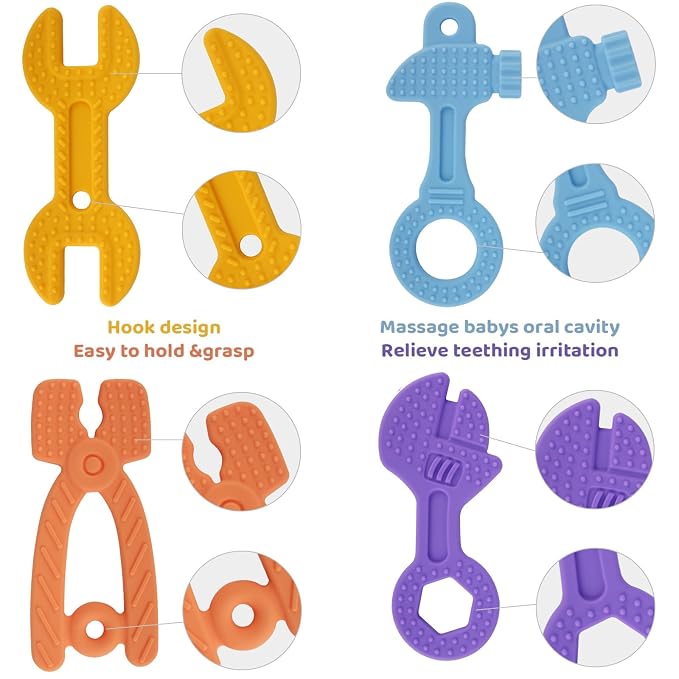 Yinghezu 4 Pack Chew Baby Teething Toys for 0-12 Months, Freezable BPA Free Silicone Baby Molar Teether Chew Toys, Hammer Wrench Spanner Pliers Shape Baby Girl's Boy Car Seat Toy