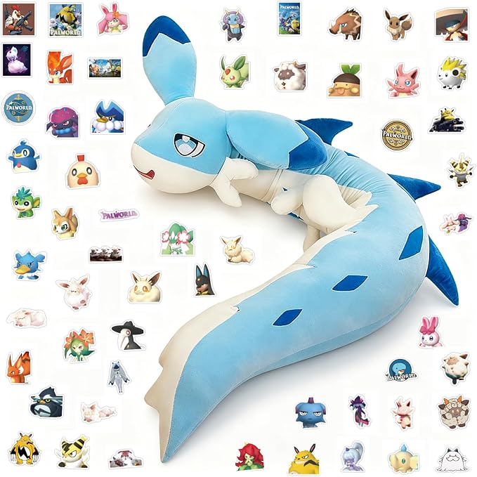 56-PCS Chillet Plush Toy Set | 1 Blue Chillet Plush + 55 Palw0rid Themed Stickers | 47 Inch Ultra Soft Dragon Stuffed Creature Figure | Cute Dino Stuffed Animal Pillow | Ideal Gift for Game Enthusiast