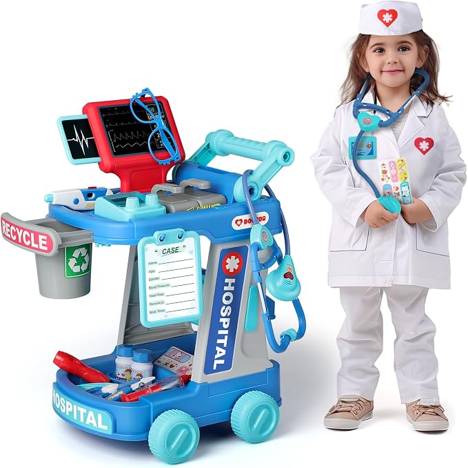 Liberry Doctor Kit for Toddlers Ages 3 4 5, Pretend Kids Doctor Playset with Cart, Costume and Stethoscope, Role Play Medical Toys Birthday Gift for Girls Boys (Green)