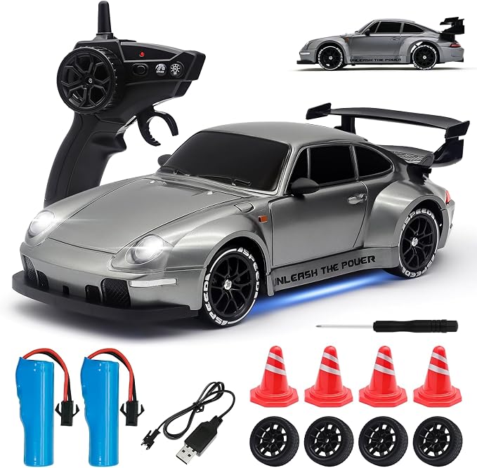 RC Drift Car,1:24 Scale Remote Control Car, 2.4GHz 20KM/H 4WD High Speed RC Cars for Kids with LED Light, Two Batteries,Drifting Tires,Racing Vehicle Toy for Adults Boys Girls Silver