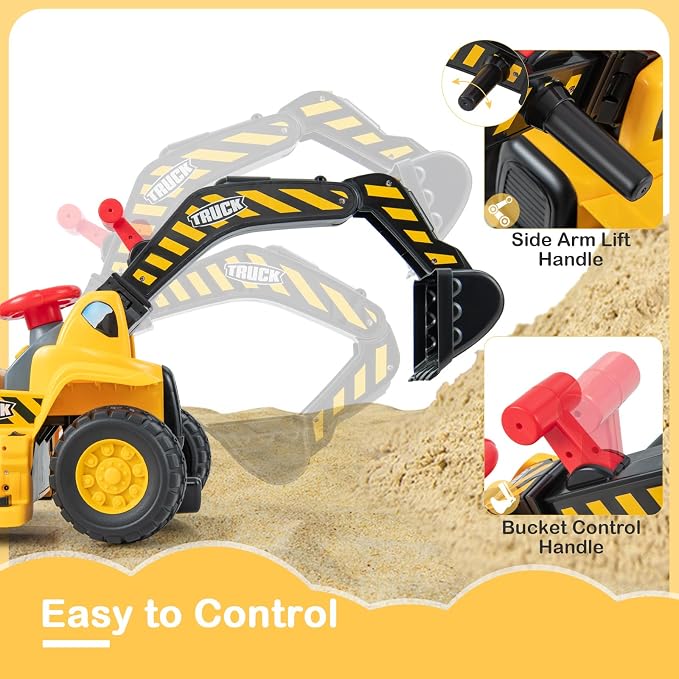 HONEY JOY Electric Ride on Push Car, Toddler Bulldozer Digger w/Balls & Basketball Hoop, Outdoor Digging Scoop, Flexible Bucket, 6V Ride on Excavator Construction Vehicle for Kids