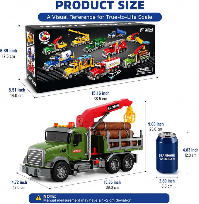 15" Green Crane Truck Toy,Logging Truck Tow Truck Toy,Construction Trucks for Boys Girls 3 4 5 6 7 8 Years Old,with Lights & Sounds,Holiday and Birthday Gift