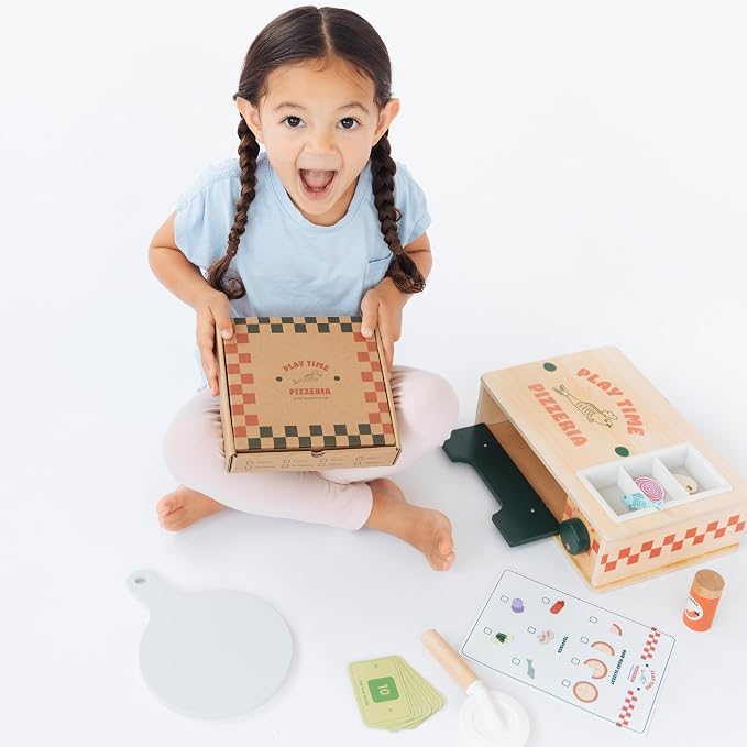 Pearhead Wooden Pizzeria Montessori Pretend Play Food Set, 38-Piece Play Kitchen Accessories, (38 Pcs) Toy Pizza Oven with Pizza Toppings Food Set, Preschool Toys for Toddlers, Ages 3+ Years