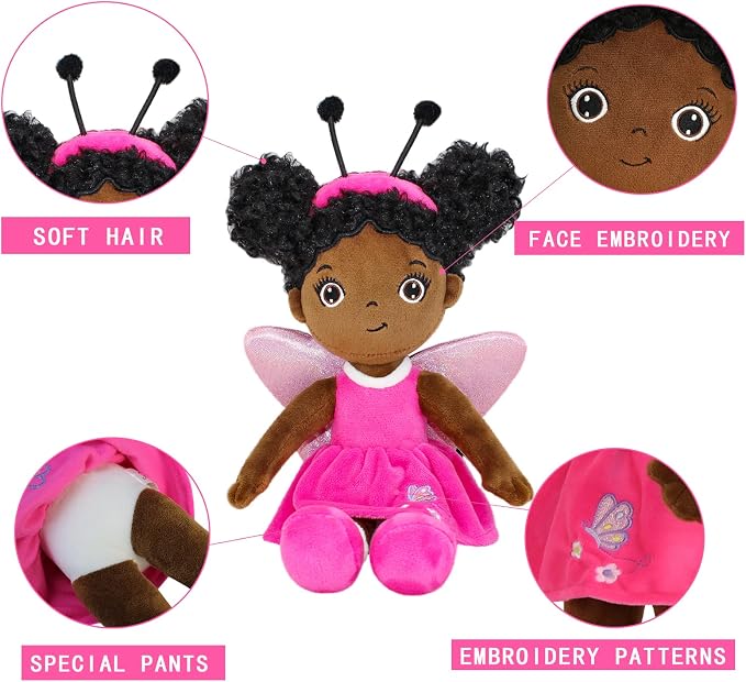 Black Baby Doll,Blacks Dolls African American Stuffed Toy,12” Rag Dolls for Girls Soft Gifts,Brown Doll Fairy Baby Toy Plush Toys for Christmas Birthday Party(Small-Black Butterfly)