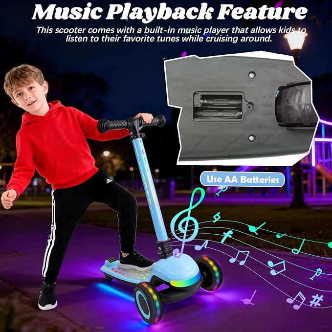 Light Up 3 Wheel Kick Scooter for Kids Toddlers with LED Sync Lights, Flashing Stem & Wide Polka Dot Deck Adjustable Height Music Function Safe Sturdy Folding Scooter for Kids