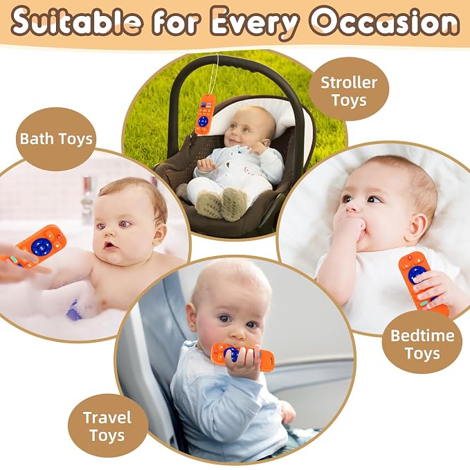 AiTuiTui Baby Teething Relief Sensory Chew Toys for 3 6 9 12 Months, Silicone Infant Teether Remote Control Bath Toy for Newborn Toddlers Boy Girl Autism Baby Shower Birthday Gifts, Orange