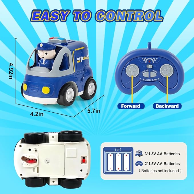 Remote Control Car for Toddlers - Birthday Gifts for Boys and Kids Ages 18+ Months, 2 3 4 5 Years, 2.4GHz RC Interactive Cartoon Police Car with Lights, Sounds & Music