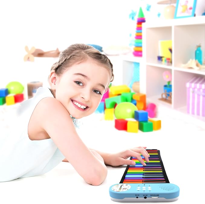 PicassoTiles Electronic Piano 49Key Flexible Roll-Up Keyboard with Recording Feature 8 Tones 6 Demo Songs Built-in Speaker Educational Music Toy for Kids Toddlers Boys Girls Rainbow Color Design PT49