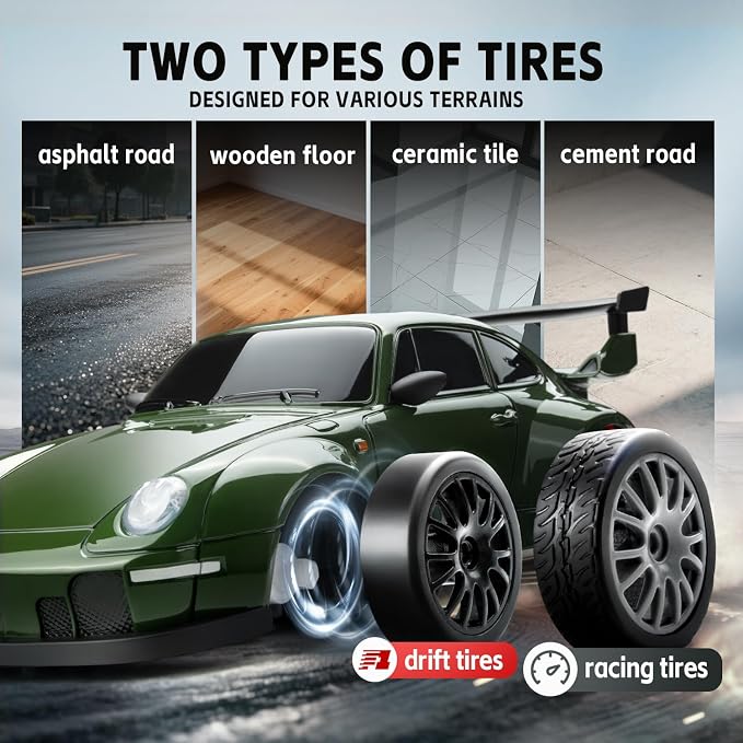 RC Drift Car, 1:24 Scale Remote Control Vehicle with LED Lights, 2.4GHz 20KM/H 4WD High Speed RC Cars, Drifting Tires＆Two Batteries, Racing Sports Toy Idea Gift for Adults Boys Girls and Kids