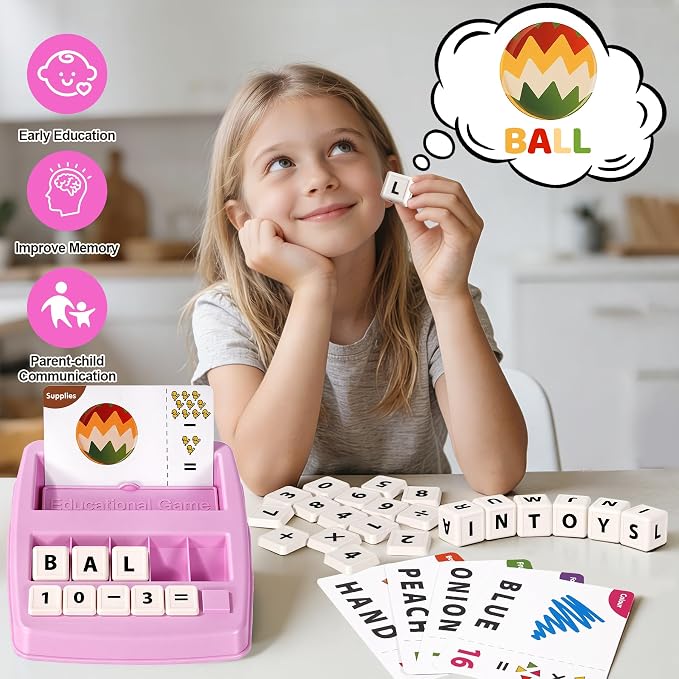 Educational & Learning Toys for Kids, 3-8 Years Old Matching Games with Letter & Math Flash Cards, Christmas Birthday Gifts for Preschool Boys Girls Grandkids- Pink