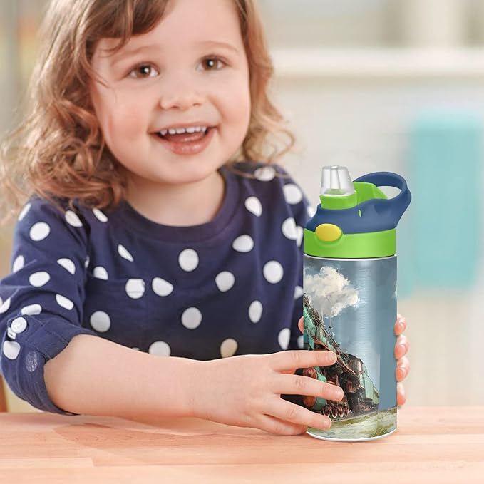 Boccsty Locomotive Train Kids Water Bottle with Straw Lid Insulated Stainless Steel Reusable Tumbler for Boys Girls Toddlers 12 oz Green