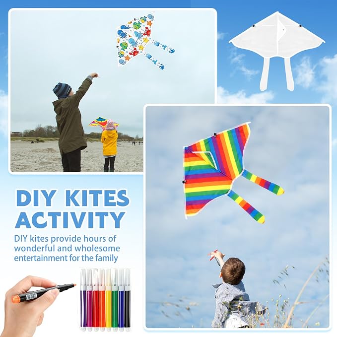 Honoson 20 Pieces DIY Blank Kite with Watercolor Pens and String 20 Inch Making Craft Kits Decorating Coloring Kite Pack for Outdoor and Activities