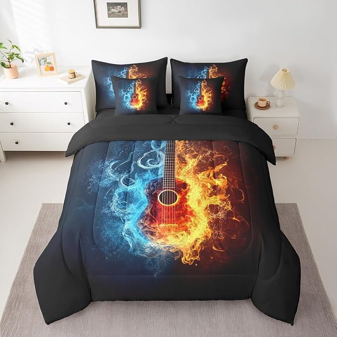 Feelyou Guitar Comforter Set with Sheets King Size Rock Music Bed in a Bag for Boys Girls Teens Black Blue Orange 7 Pieces Bedding Set Soft Lightweight Microfiber