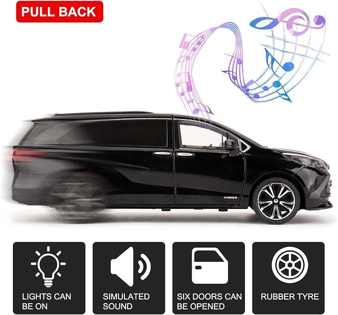 BDTCTK 1:24 Compatible for Sienna MPV Car Model, Pull Back Diecast Toy Car with Sounds＆Lights for Kids Boys Girls and Adults, Gift Black.