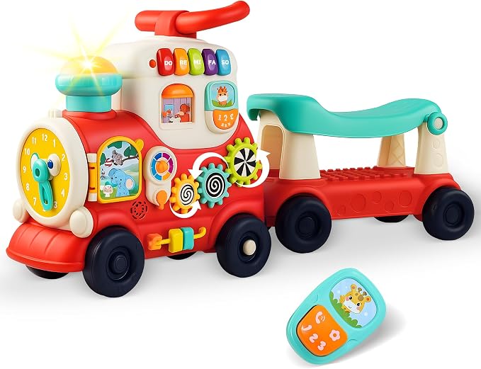Ride On Toys for Toddlers 1-3 Boys Girls, 4-in-1 Push Pull Sit and Ride Train, Walking Car Toy for 1 Year Old Learning to Walk, Sit-to-Stand Walker for Baby Kids Ages 1 2 3 4 Outdoor Indoor Toy