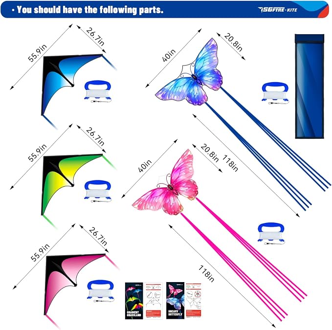 SGftre 3 Piece Set Butterfly Delta Octopus Kites for Kids and Adults，Easy to Fly for Outdoor Adults Children Line Kite for Kids Toy (3 Gradient Grassland+2 Butterfly, 5)
