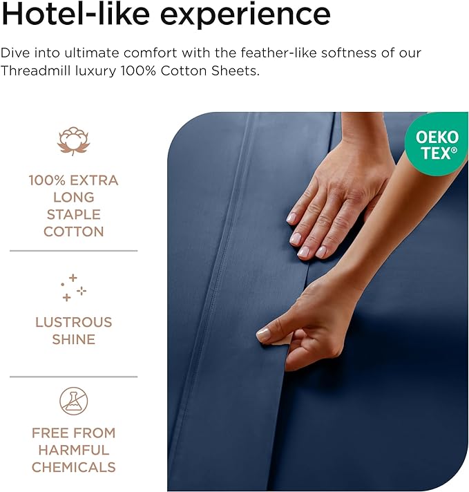 Threadmill 100% Cotton Sheets for Twin Size Bed - 600 Thread Count Twin Bed Sheets Set with 15” Deep Pocket - Sateen Weave 3-Piece Bedding Set with Cooling Effect, Folkstone Blue