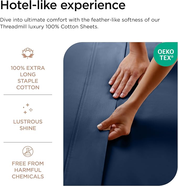Threadmill 100% Cotton Sheets for Twin XL Size Bed - 600 Thread Count Twin XL Bed Sheets Set with 15” Deep Pocket - Sateen Weave 3-Piece Bedding Set with Cooling Effect, Folkstone Blue