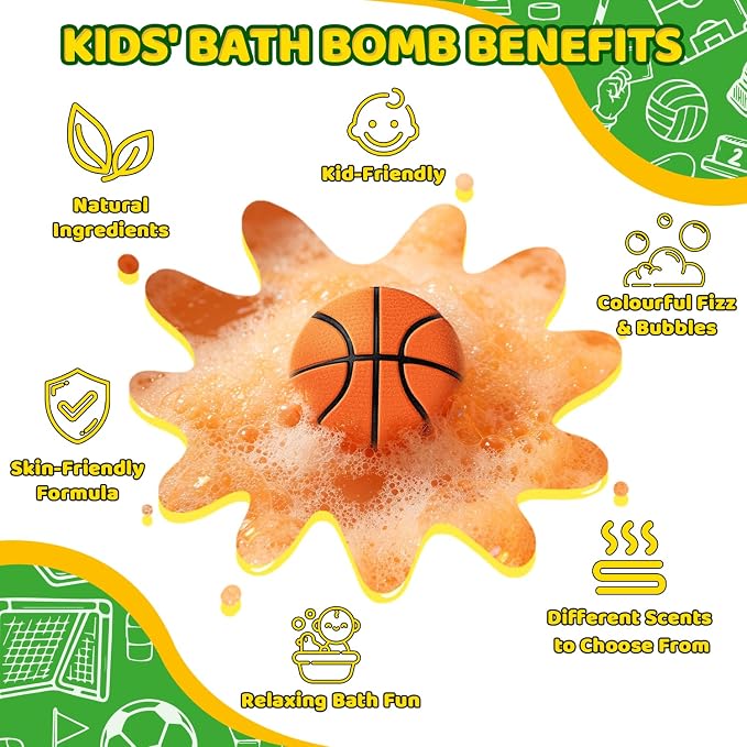 Bath Bombs for Kids, STEM 6-Pack Organic Handmade Bath Bomb Sports Themed, Basketball, Football, Rugby, Golf, Tennis Shapes, Mild Skin-Friendly SPA Toy, Nice Daily Reward and Holiday Gifts