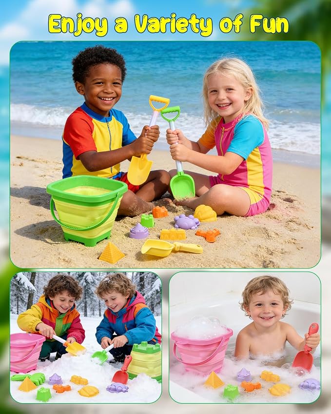 Collapsible Beach Sand Toys for Kids Toddlers with Sand Bucket, Marine Animal Molds, Castle Building Molds, Shovels, Storage Mesh Bag, Travel Sand Toys for Boys Girls (23PCS ( 2 Sand Buckets ))