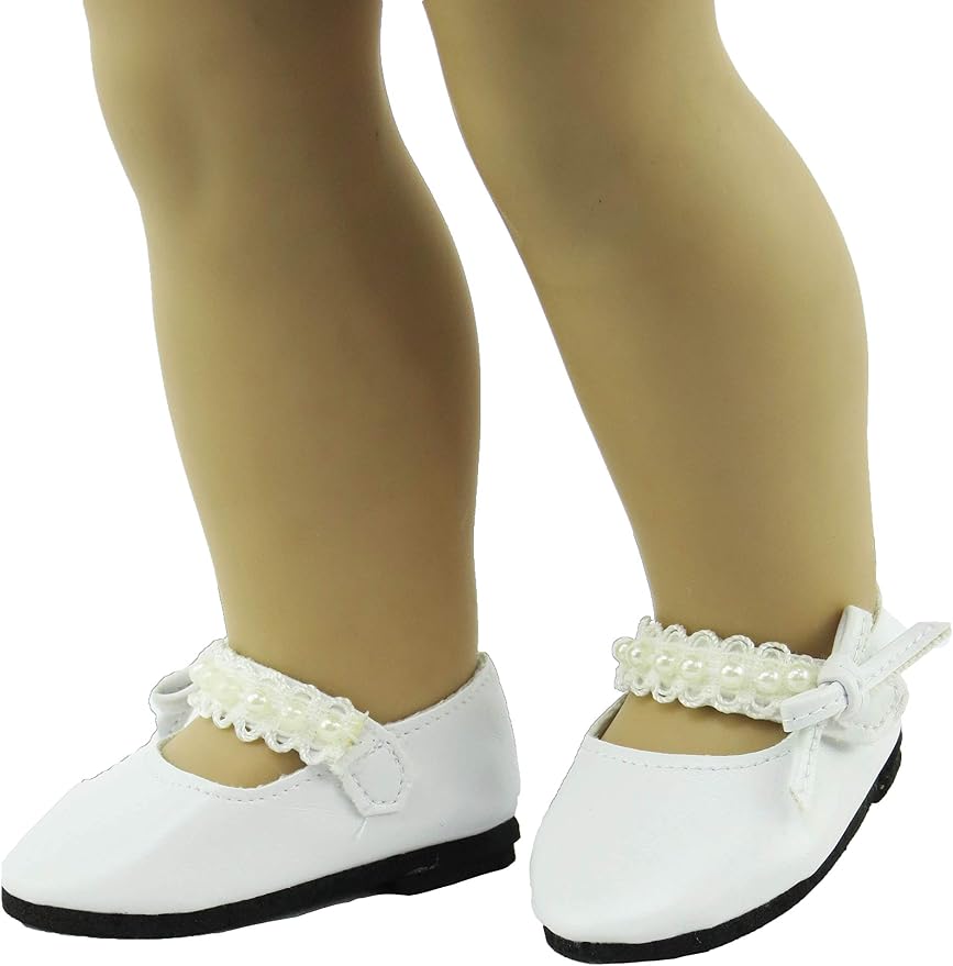 American Fashion World Black and White Pearl Flats for 18 inch Dolls | 2 Pack | Premium Quality & Trendy Design | Dolls Shoes | Shoe Fashion for Dolls for Popular Brands