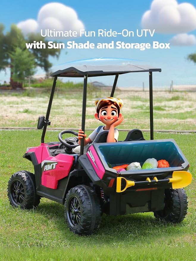 ELEMARA 24V Ride on Toy for Big Kids,Ride on Car 2 Seater w/Sun Shade,Dump Bed & Shovel,4.5MPH,4WD Electric Car for Kids,Battery Car w/Remote,Kids Ride on Truck,3 Speeds,LED Lights,Bluetooth, Pink