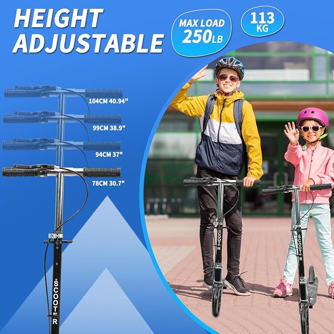 Scooters for Kids 8-12,Scooter for Teens Adults with 8-Inch Big Wheels Foldable Lightweight, 4 Adjustable Height Levels, 240 lbs Max Load Portable Scooter with Hand Brake