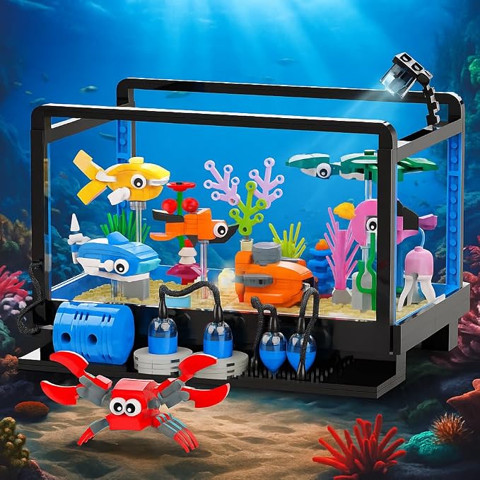 Tenhorses Fish Tank Building Block Set, Lighting Aquarium Sets Including Marine Life, a Submarine and a Treasure Chest, Building Block Toy for 6+, Gift for Sea Lovers.