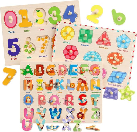 Zeoddler Wooden Montessori Puzzles for Toddlers, 3 Pack ABC, Number and Shape Puzzle for Kids, Preschool Learning Activities, Gift for Girls Boys
