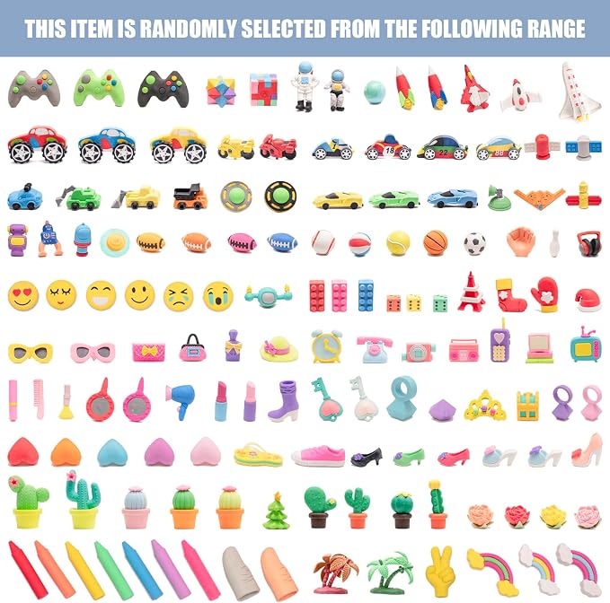 210pcs 3D Cute Kids Erasers, Random Desktop Pet Toys Gifts, Classroom Rewards Kids Party Gifts, Various Styles Such as Animals, Food, Plants, Space, Princess, Sports, Halloween, Christmas