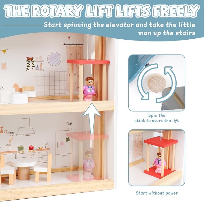 Wooden Dollhouse for Kids, 3-Story Wood Doll House Playset with Furniture, Accessories & 3 Toy Figures, DIY Pretend Play House for Toddlers, Girls & Boys, Miniature Dollhouse with Balcony Gift