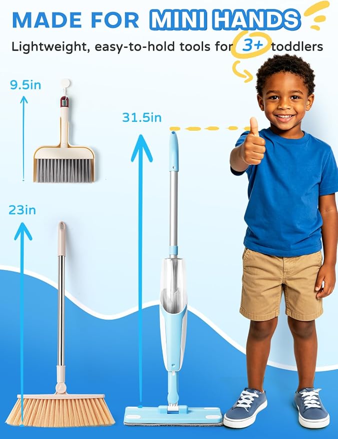 Kids Cleaning Toy Set,Blue Spray Mop Montessori Toys-Kids Cleaning Toy Set,Mini Spray Mop Montessori Toys Spray Mop & Kids Broom Dustpan Set Cleaning Toys Gift for Toddlers Girls Boys Age 3+