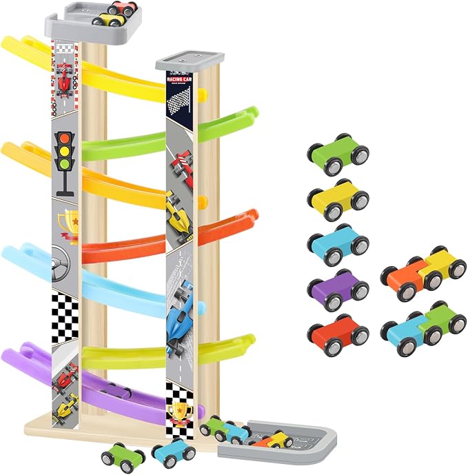 Wooden Car Ramp Toy Set, Montessori Ramp Set Includes 7 Mini Cars and Track — Educational Gift for Boys and Girls 3+ Years Old