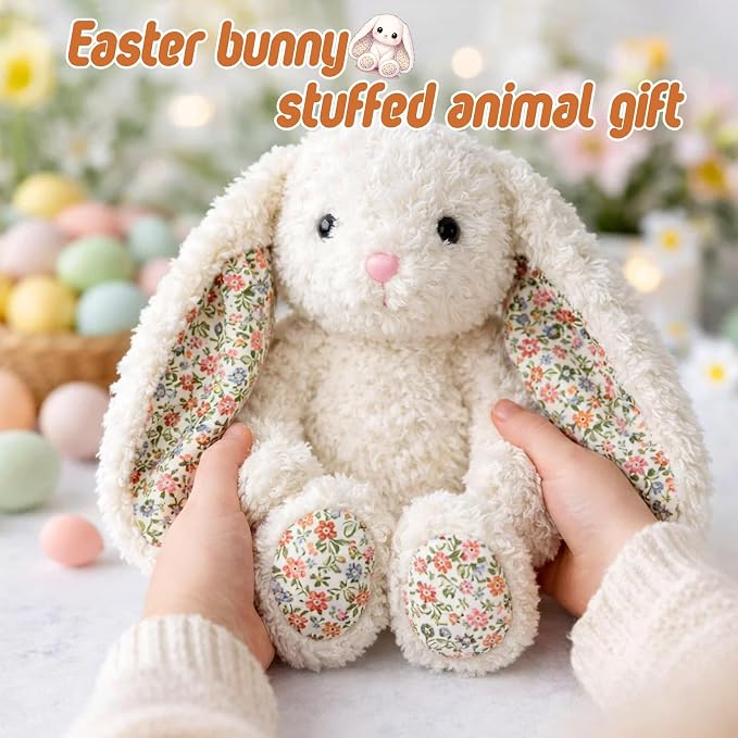 Floral Bunny Stuffed Animal Cream French Style Blossom Romantic Rabbit Plush Toy Easter Stuffers Birthday Gifts Girlfriend Kids Party Favors Home Aesthetic Bedroom Decoration 8.7 Inch 9.5 oz