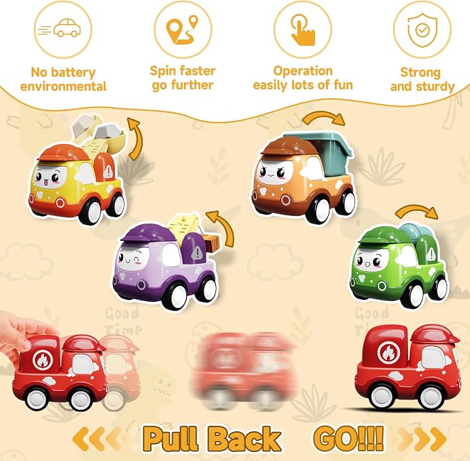 Baby Mini Car Toys for 1 Year Old Boy Gifts, 6 Sets Pull-Back Trucks for Toddlers Age 1-3, Infant Push and Go Friction Powered Vehicles, Early Educational Birthday Gift for 1 2 3 Year Olds Boy Girl