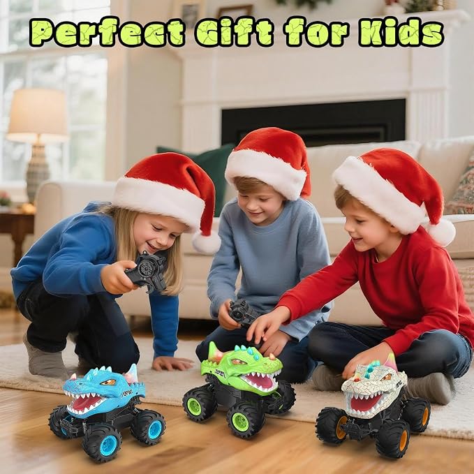 Dinosaur Remote Control Car, 2.4GHz Monster Truck Toys Rechargeable RC Cars 1:24 Scale RC Truck with LED Light Movable Mouth, Dinosaur Cars Toys for Kids Boys 6-8 8-12 Birthday Gift, Green