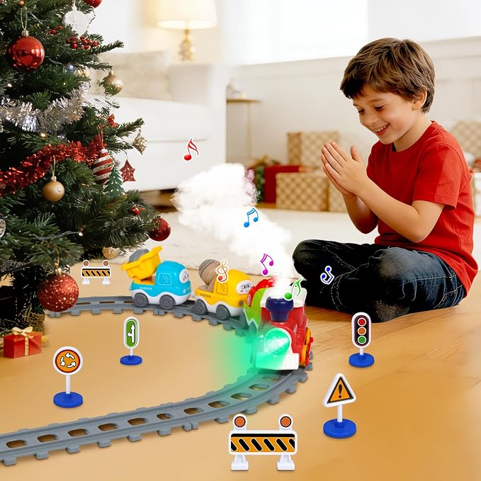 Electric Train Set for Toddlers 3-5 4-8 with Train Tracks Set Lights Up Steam Sign Realistic Music Sound Magnetic Train Connection Toys Birthday 3 4 5 6 7 8+ Years Old Boy Toys Girl