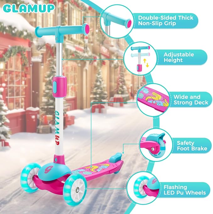GLAMUP Kids Scooter, 3 Wheel Scooter for Kids Ages 3-12, Adjustable Handlebar, Lean-to-Steer, Foldable Kick Scooter for Boys and Girls