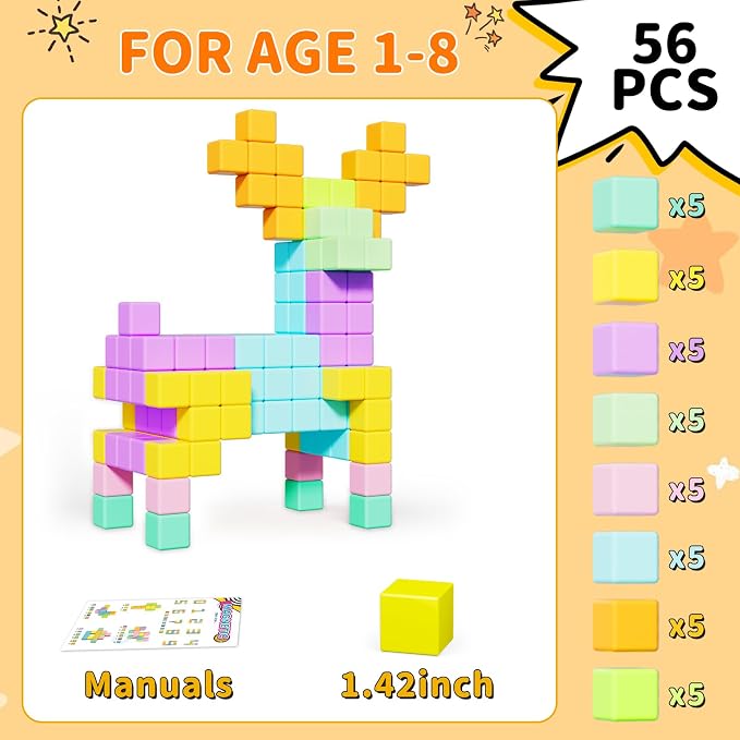 Large Magnetic Blocks for kids ages 4-8-Toddler Toys,56PCS Big Magnet Building Blocks, STEM Sensory Travel Autism Montessori Toys for Boys&Girls, Learning Construction Magnetic Cubes for Birthday Gift