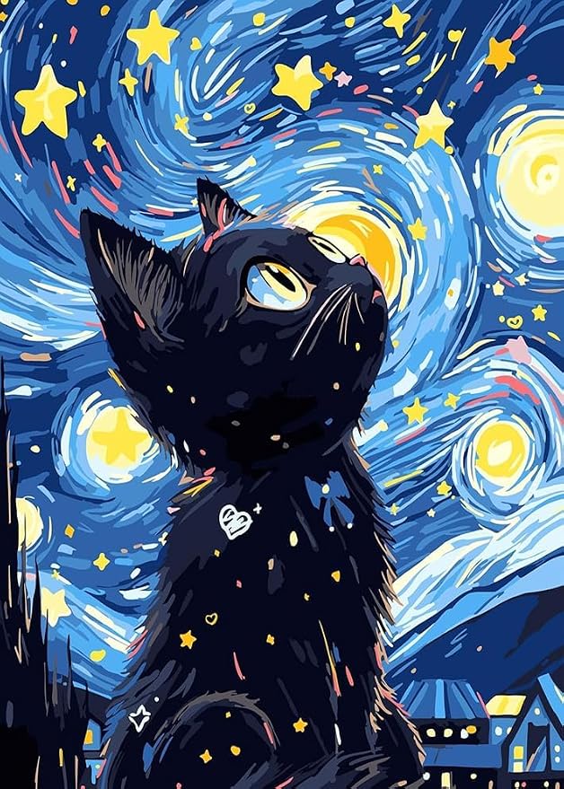 RYMILIE Black Cat Diamond Art Kits for Adults, Diamond Painting Dots Art Kits for Adults Beginners, 5D DIY Full Drill Round Rhinestone Gem Art Crafts Paintings for Home Wall Decor 12"x16"