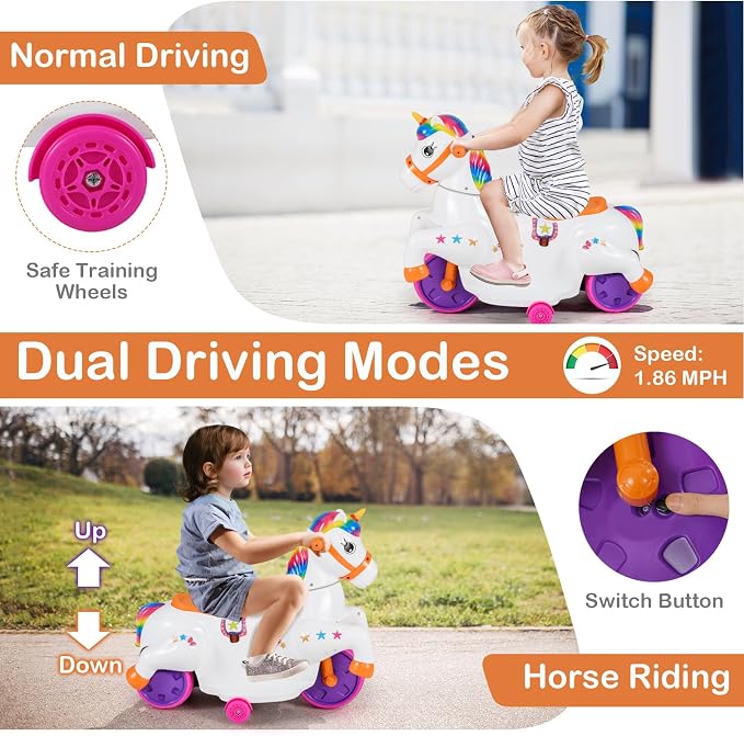 Costzon Ride on Car, 12V Ride on Toys for Toddlers Pony with Training Wheels, up & Down Mode, Music & LED Power Display, Motorized Play Horse, Kids Car Motorcycle for Boys Girls (Rainbow)