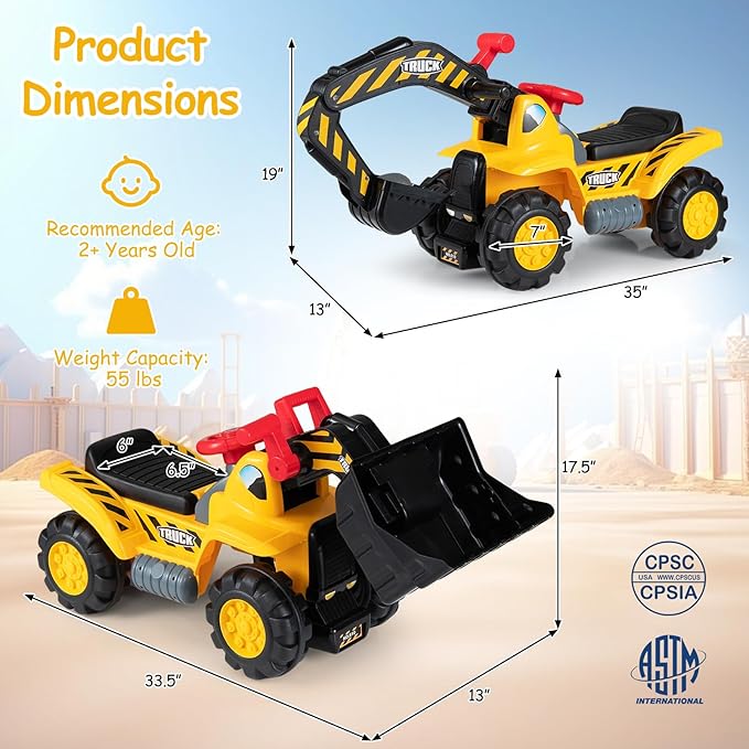Costzon 3-in-1 Ride on Excavator Bulldozer, Kids Foot-to-Floor Push Car with Engine Sound & Under Seat Storage, Sit & Scoot Sliding Toy Construction Vehicle with Helmet & Vest for Aged 2+
