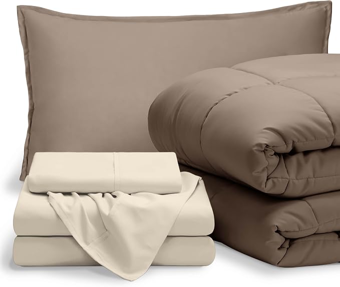 Bare Home Bed-in-A-Bag 5 Piece Comforter & Sheet Set - Twin XL - Goose Down Alternative - Ultra-Soft 1800 Premium Bed Set (Twin XL, Taupe/Sand)