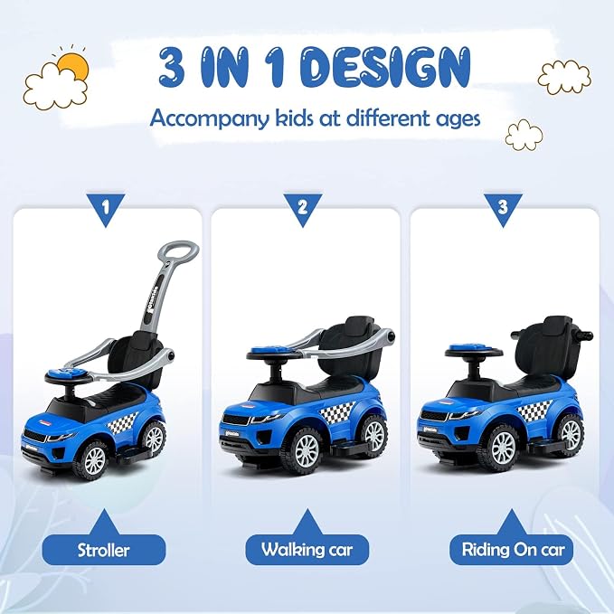 OLAKIDS 4 in 1 Ride on Push Car, Toddlers Stroller Sliding Walking Toy with Horn, Music, Lights, Removable Guardrails and Handle, Underneath Storage, Baby Foot-to-Floor Walker for Boys Girls (Navy)